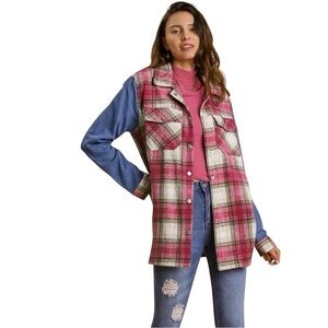 NWT UMGEE Pink Plaid Flannel with FRINGE & Denim Sleeve Snap Front Shirt! Size L